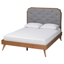 Baxton Studio Lorana Mid-Century Modern Grey Fabric and Walnut Brown Wood Queen Size Platform Bed